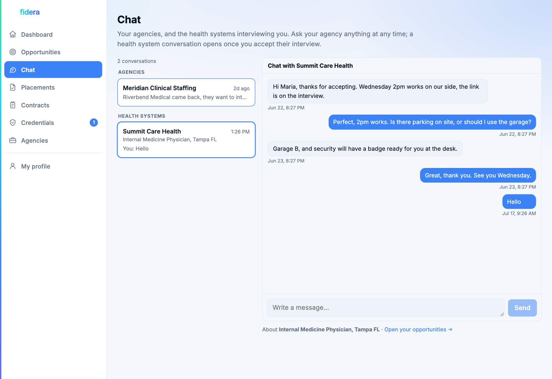 The clinician Chat inbox with conversations grouped into agencies and health systems