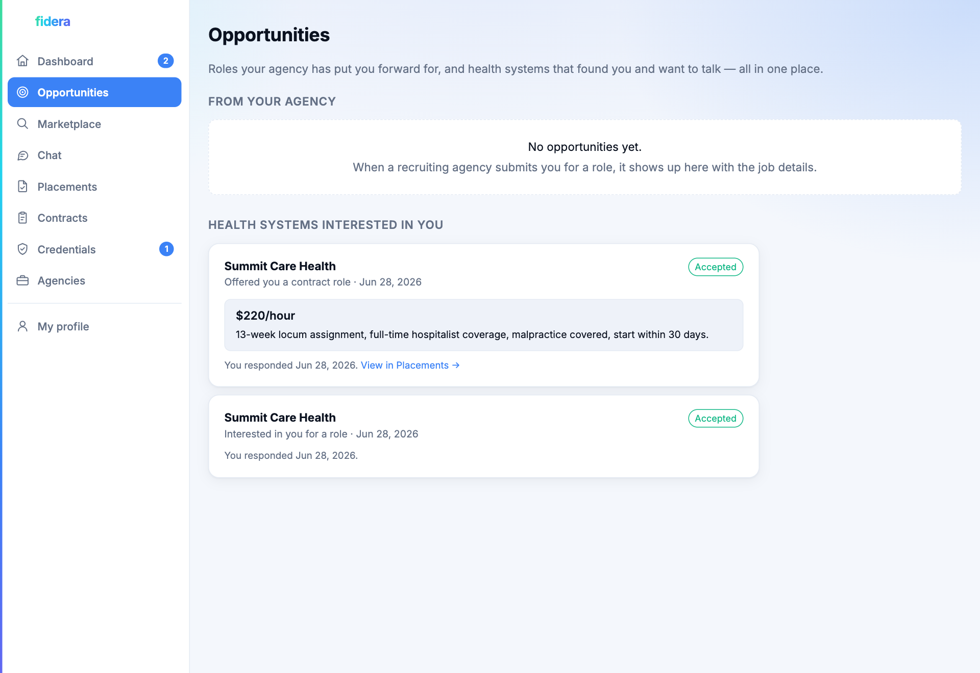 A clinician browsing open roles and applying directly on Fidera
