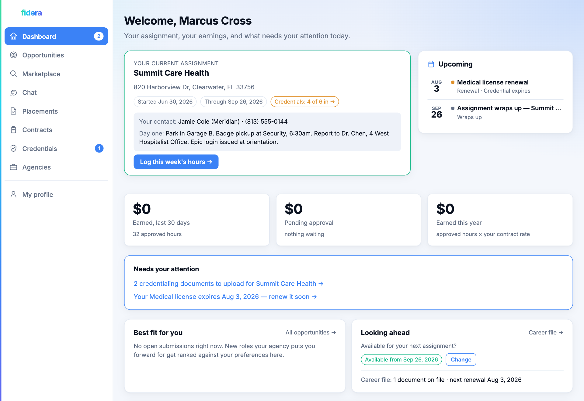 A clinician's own dashboard: assignment, earnings, credentials