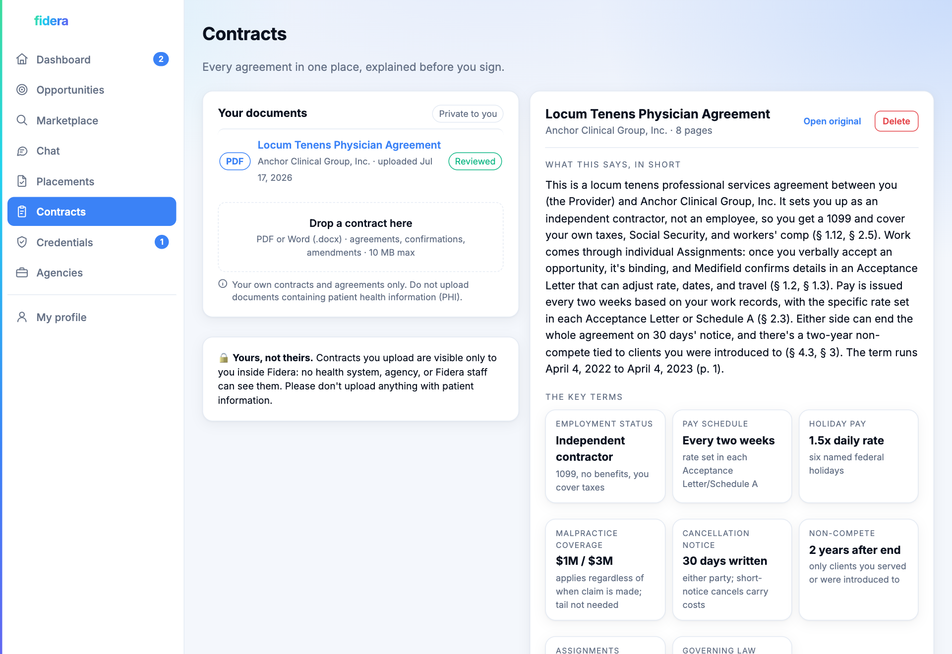 The clinician contracts vault showing a reviewed locum agreement with a plain-English summary and key-term cards