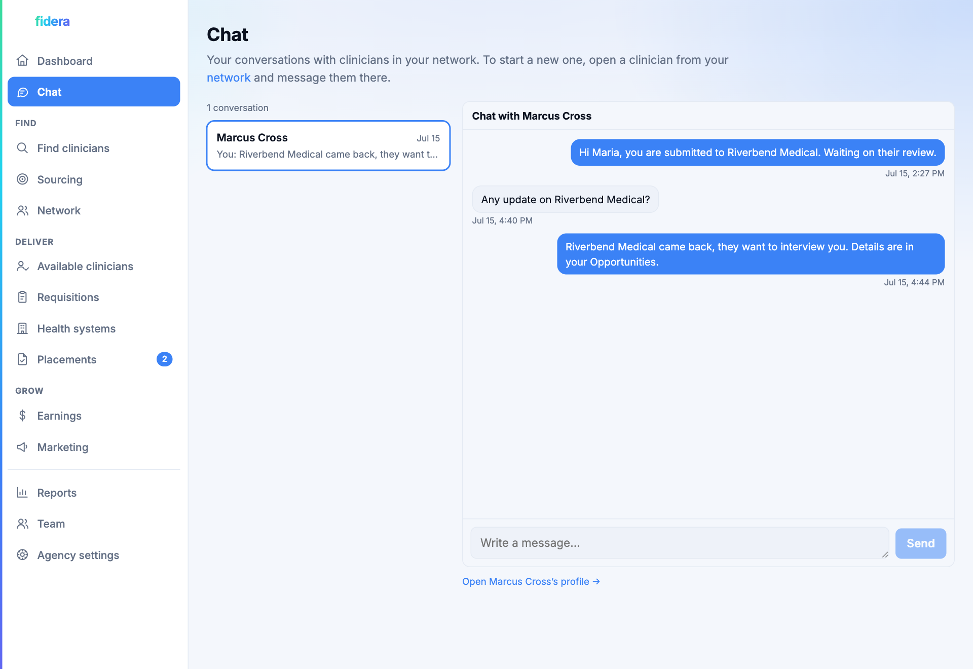 The agency Chat inbox listing clinician conversations with an open thread