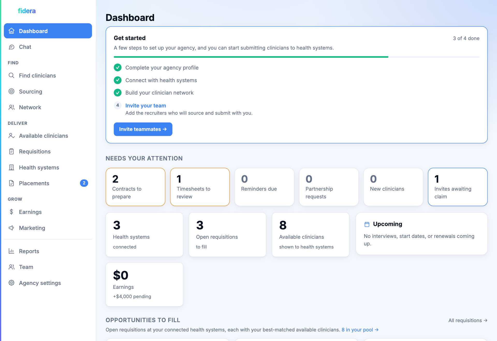 An agency's workspace: connections, open requisitions, pipeline, and earnings