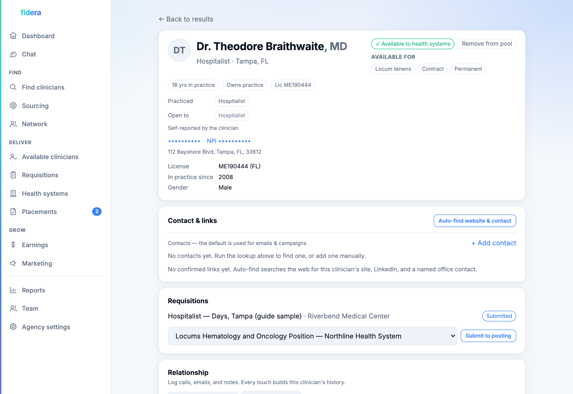 A detailed clinician profile with contact, license, and relationship history