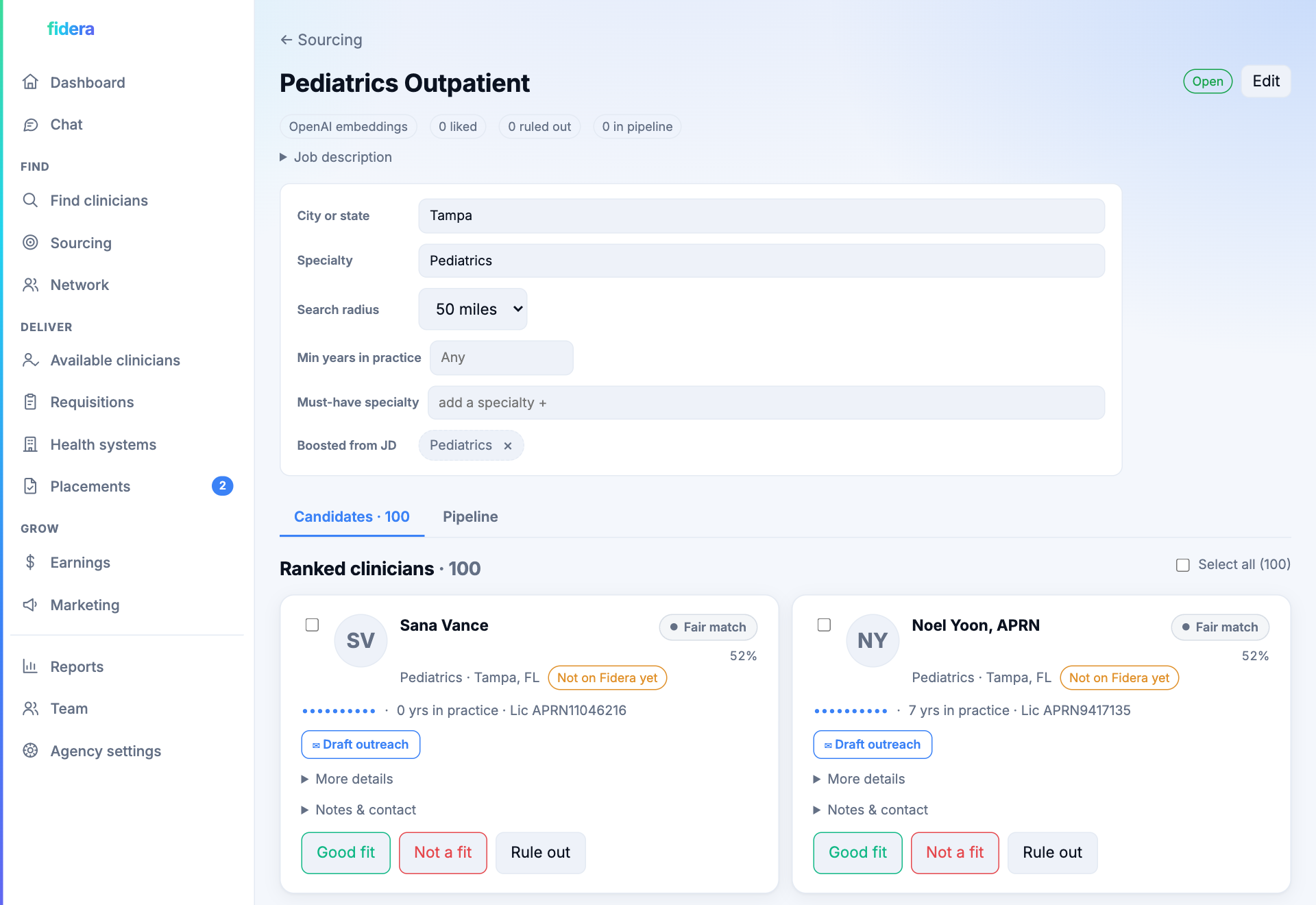An AI-ranked clinician shortlist for a role, scored by fit