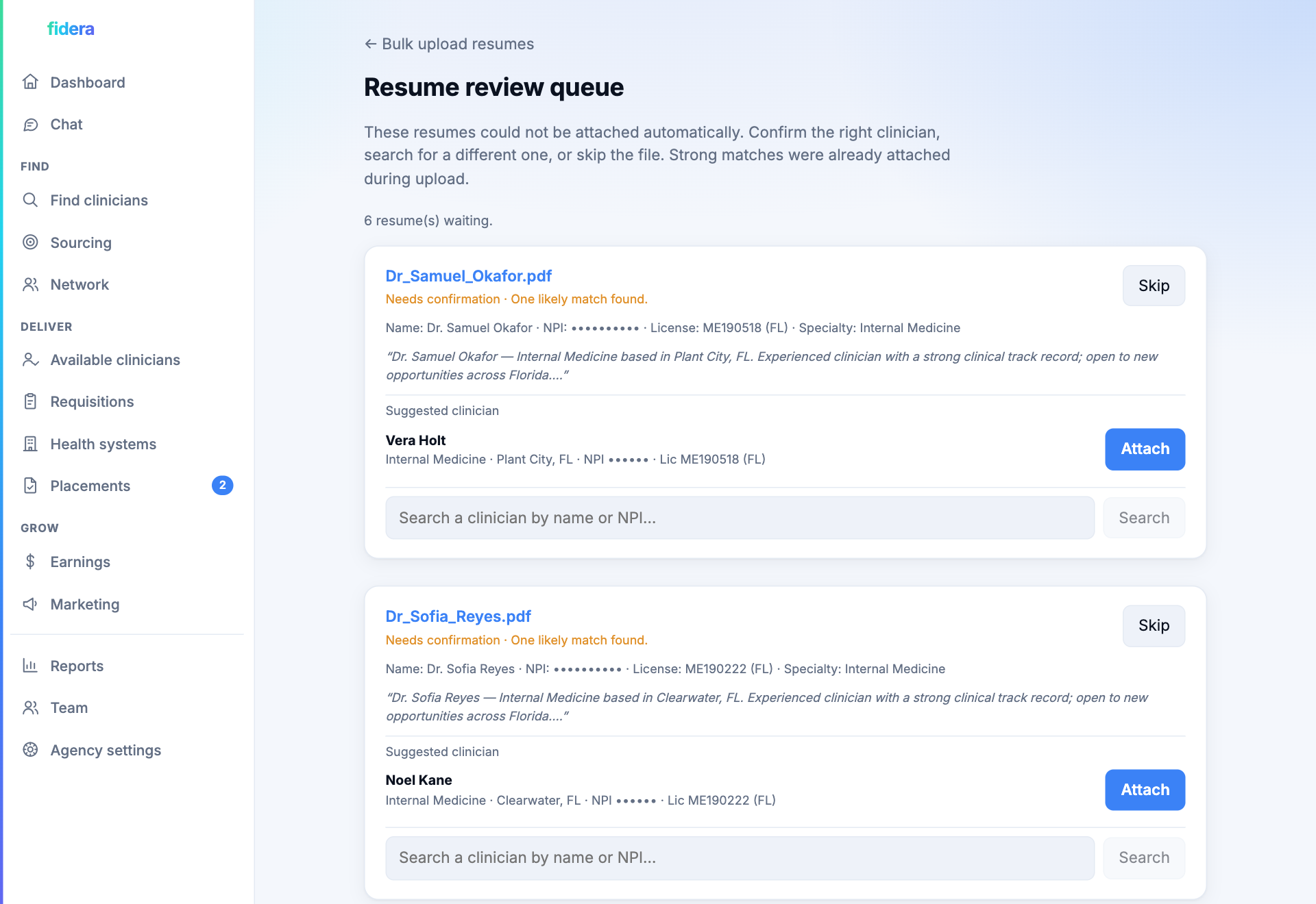 The resume review queue matching uploaded resumes to clinicians by name, NPI, and license number